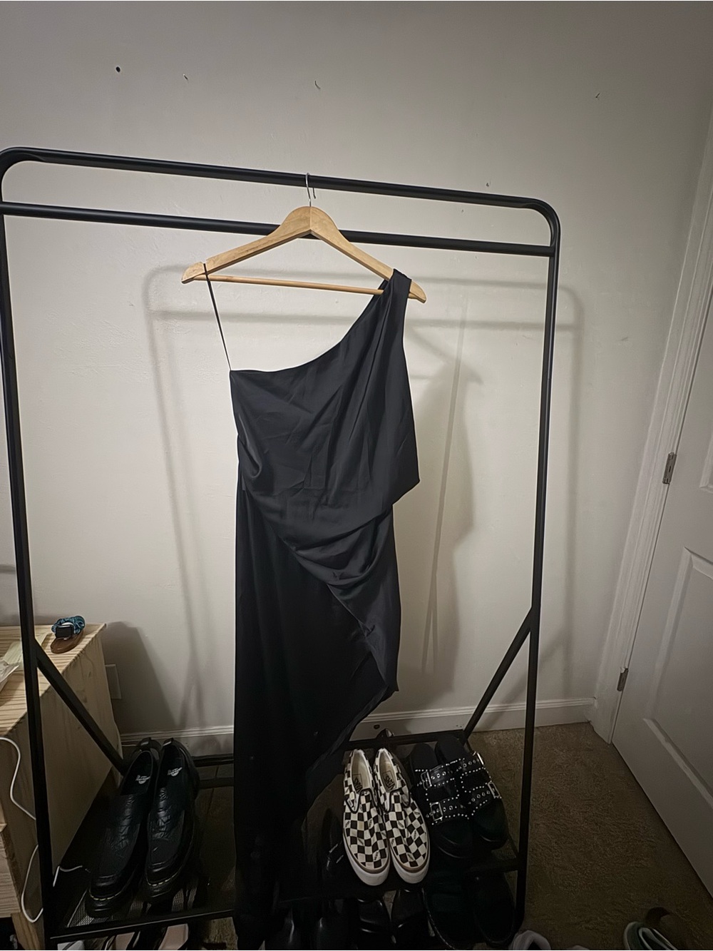 ASOS Black One-Shoulder Draped Midi Dress